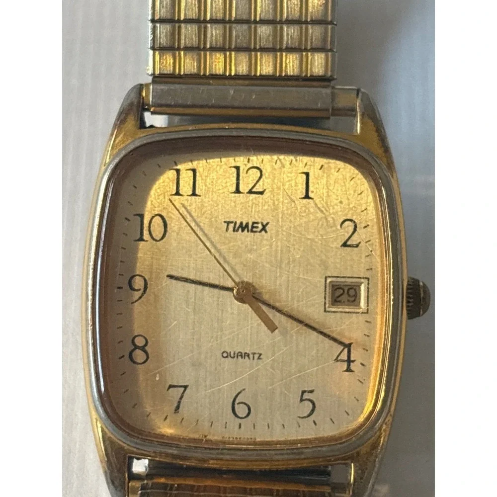 Timex Quartz Watch Mens Gold Square Case Expansion Band Date Indicator Good